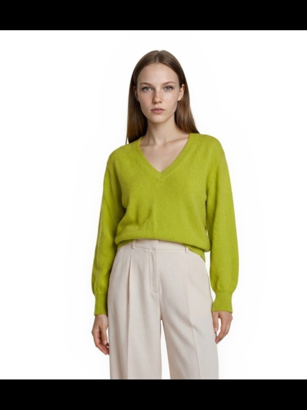 Brushed Cashmere Cropped V-Neck Sweater Lime Green